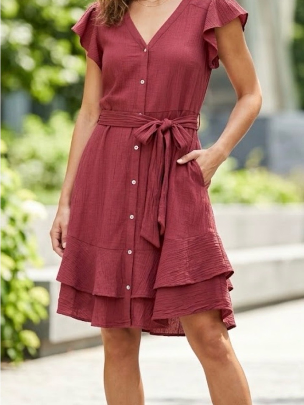 1. State Women Rust Red Button-Front Tiered High-Low Dress 20W
